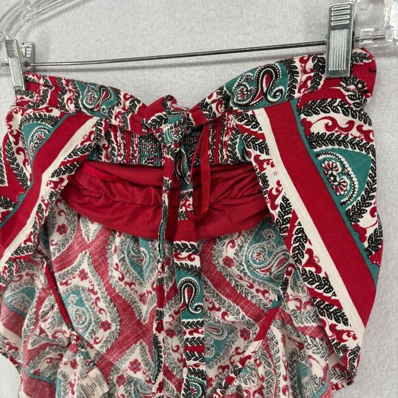 FREE PEOPLE Top XS Bandeau Bandanna Floral Paisley Ruffle Shelf Bra Tie Back Red - Picture 6 of 15